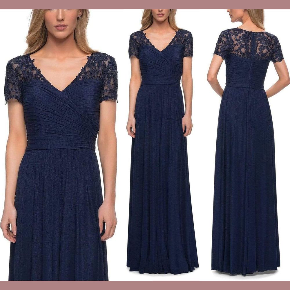 Nwt $429 La Femme [ 14 ] 29772 Floral Embroidered Sheath Gown In Navy Blue